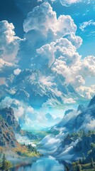 Poster - Fantasy Mountain Peaks and Lake