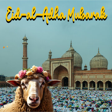 Qurban in Eid Al Adha Mubarak with Mosque, Stars and Lanterns as Background.