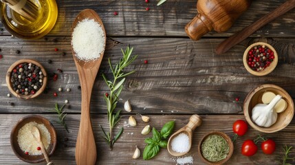 Rustic wooden spoon surrounded by fresh ingredients on vintage background, culinary concept for food blog or recipe book cover, cooking utensils and organic ingredients, kitchen scene with natural lig