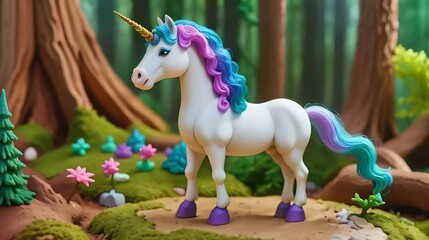 Wall Mural - Unicorn stands in a fairy forest. Created with Generative AI tools