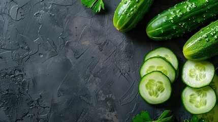 Sliced and whole cucumbers on the table. Against a dark background. Generative Ai