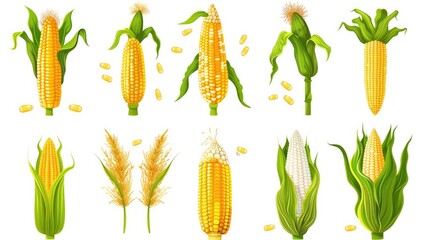 Wall Mural - An assortment of 9 vibrant corn icons, each with distinct features such as husks, kernels, and tassels, creatively illustrated on a white background