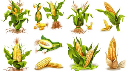 Wall Mural - Nine detailed corn icons, each showing various parts of the corn plant such as the cob, leaves, and roots, intricately designed on a white background