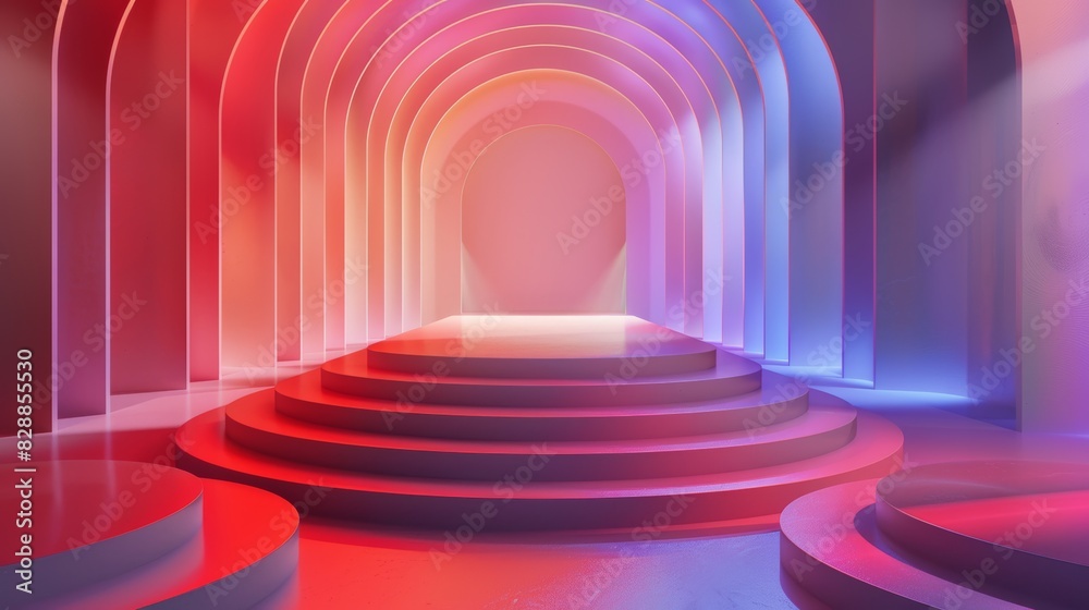 Vibrant abstract interior with colorful arches and steps, featuring ...