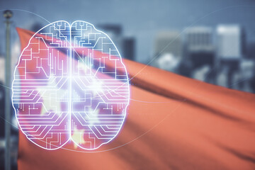 Poster - Virtual creative artificial Intelligence hologram with human brain sketch on flag of China and blurry skyscrapers background. Multiexposure