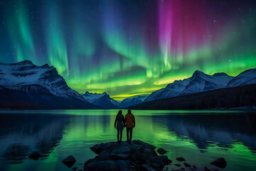 Wall Mural - Silhouette of a loving couple holding hands by a calm lake with the beautiful northern lights dancing in the evening sky