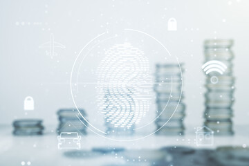 Aufkleber - Multi exposure of virtual creative fingerprint hologram on growing stacks of coins background, personal biometric data concept