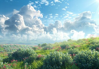 Wall Mural - Sky, Hills, Grassland, Flowers, and Sunshine