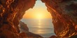 © gunzexx png and bg - View of the sun setting over the sea from inside a cave with a heart-shaped opening