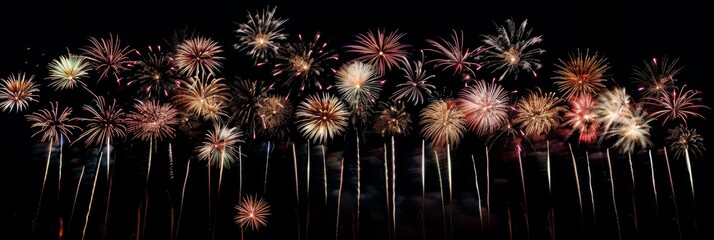 Colorful celebration fireworks isolated on black night sky background. Wonderful fireworks exploding