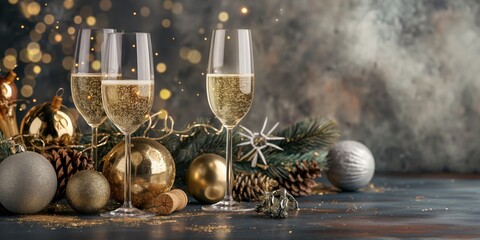 Two sparkling champagne glasses beside festive new year's decorations and baubles