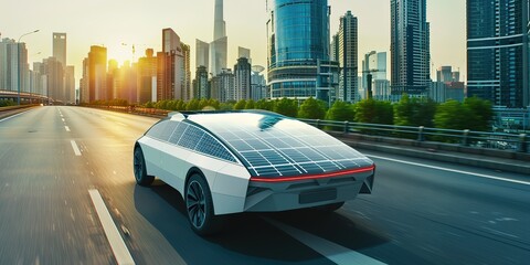 A car powered by solar panels is driving in the middle of the city on an empty road
