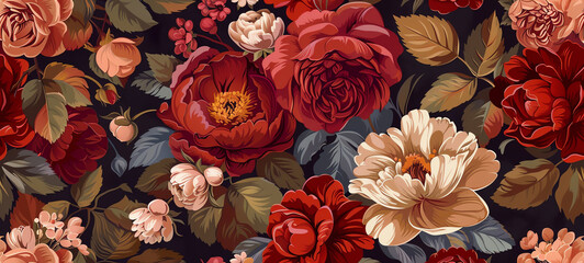 Floral pattern with detailed blossoms and leaves, rich colors, high realism, vintage style.