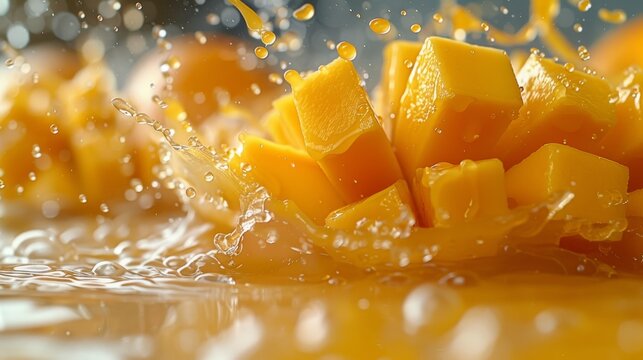 Fresh Mango Slices Falling into Juice Generative AI