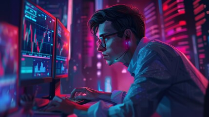 Poster - A focused stock trader intensely analyzes market data on multiple screens in a vibrant, neon-lit office, illustrating the fast-paced trading environment.
