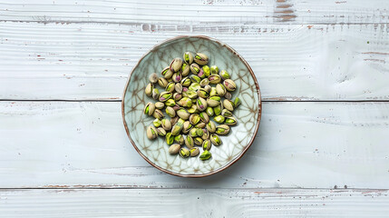 Wall Mural - wide flat lay closeup background photo of ceramic bowl full of green and white color pistachio nuts on a rustic white color wooden table top with copy space