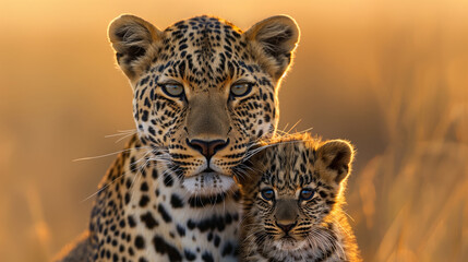 A high quality portrait of a female leopard with her cub, national geographic photography style, ai generated