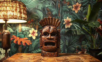 A carved wooden tiki mask in front of a vintage tropical Hawaiian wallpaper background next to an antique lamp. Tropical floral and wooden elements surround a polynesian mask