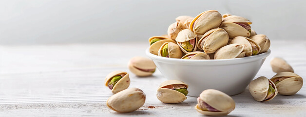Wall Mural - wide detailed macro closeup background photo of ceramic bowl full of green and white color pistachio nuts on a white background with copy space 