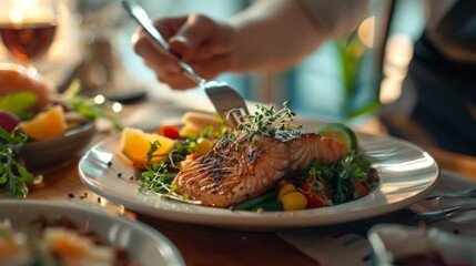 Wall Mural - a person is serving salmon on a plate.