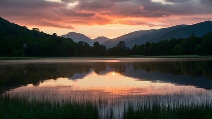 Wall Mural - tranquil mountain lake at sunset summer landscape with colorful clouds over lake