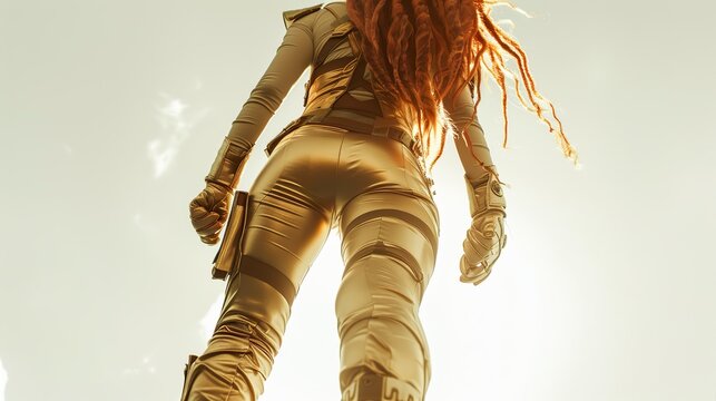 woman in futuristic gold outfit with red hair in summer sky