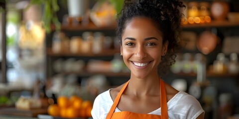 Poster - A woman in an orange apron smiling at the camera. Concept Joyful Portraits, Colorful Props, Smiling Women, Photographer Life