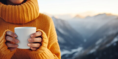 A girl holds a mug of hot drink, coffee, tea against the background of winter mountains in the camp. Generative AI.