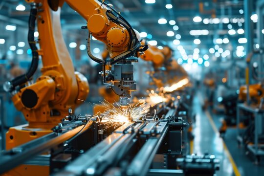 Intelligent factory production line, Robotic arms on a large production line in a modern bright factory concept, AI generated