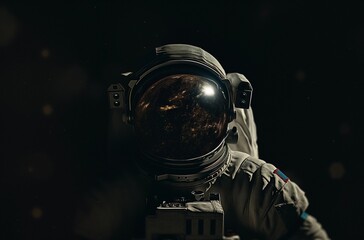 Wall Mural - A space suit with the reflection of Earth in its visor, floating through dark outer space.