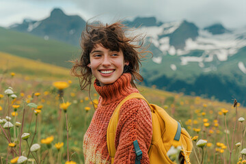 Poster - Joyful Explorer Embracing Nature in Vibrant Mountain Meadow Adventure