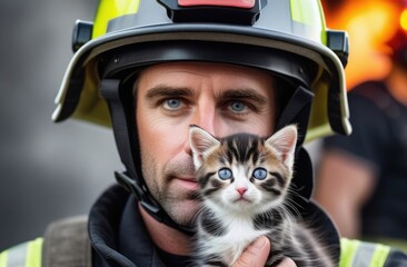 Wall Mural - Portrait of a fireman with a kitten he rescued against the backdrop of a burning building. Firefighter life saver.