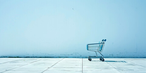 a wide panoramic promotional background image of isolated empty shopping cart trolley parked near a blue color textured wall with copy space   