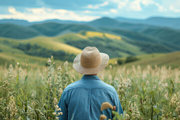 Sticker - a man in a straw hat, looking out over a lush field.