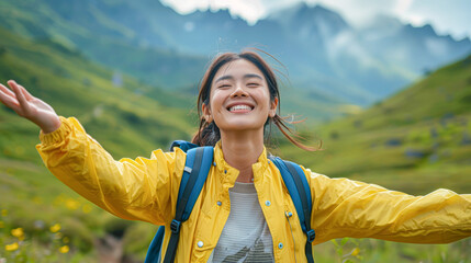 Poster - a woman with a backpack in the mountains, her arms open wide, a joyful expression on her face.