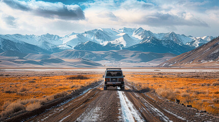 Canvas Print - Thrilling Mountain Drive SUV in Motion Against Majestic Terrain with Sharp Modern Contrast