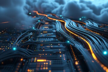 Poster - Internet server glowing cables in the cloud interwoven background, AI generated