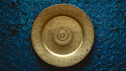 A gold plate with intricate designs sits on a blue textured background