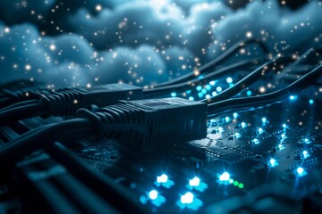 Poster - Internet server glowing cables in the cloud interwoven background, AI generated