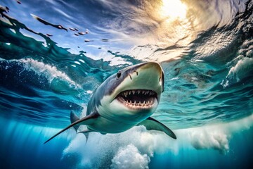 Wall Mural - Ocean shark bottom view from below. Open toothy dangerous mouth with many teeth. Underwater blue sea waves clear water shark swims forward