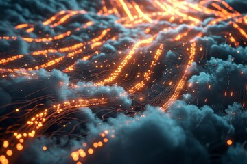 Poster - Internet server glowing cables in the cloud interwoven background, AI generated