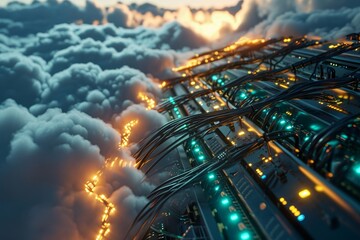 Poster - Internet server glowing cables in the cloud interwoven background, AI generated