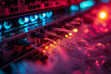 Poster - Internet server glowing cables in the cloud interwoven background, AI generated