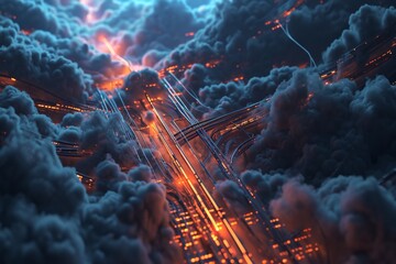 Poster - Internet server glowing cables in the cloud interwoven background, AI generated