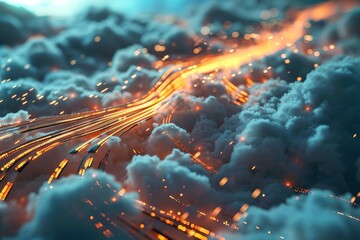 Poster - Internet server glowing cables in the cloud interwoven background, AI generated