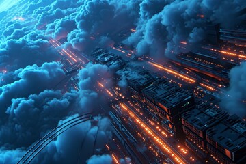 Poster - Internet server glowing cables in the cloud interwoven background, AI generated