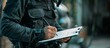 © Marcos - 'Police Officer in Black Uniform Writing on Clipboard, Close-Up of Hands and Chest Against White Background'