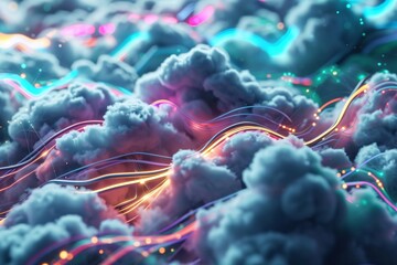 Poster - Internet server glowing cables in the cloud interwoven background, AI generated