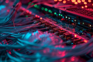 Poster - Internet server glowing cables in the cloud interwoven background, AI generated