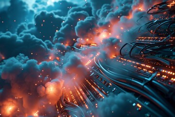 Poster - Internet server glowing cables in the cloud interwoven background, AI generated